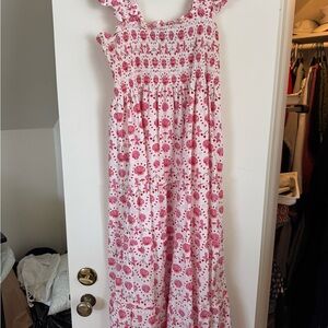 Hill House Pink and Coral Shell-Print Smocked Dress
